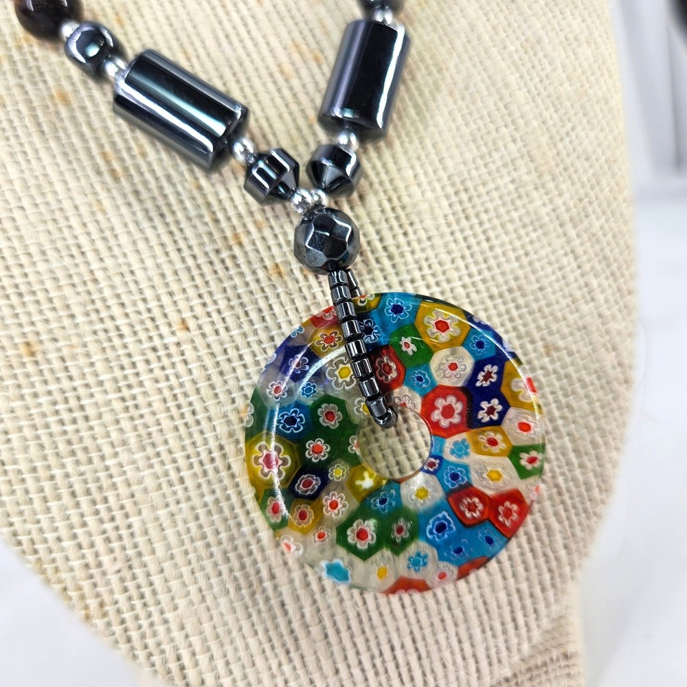 Millefiori Pendant Necklace Hematite Beads Tigers Eye Gemstone Murano Statement‎
